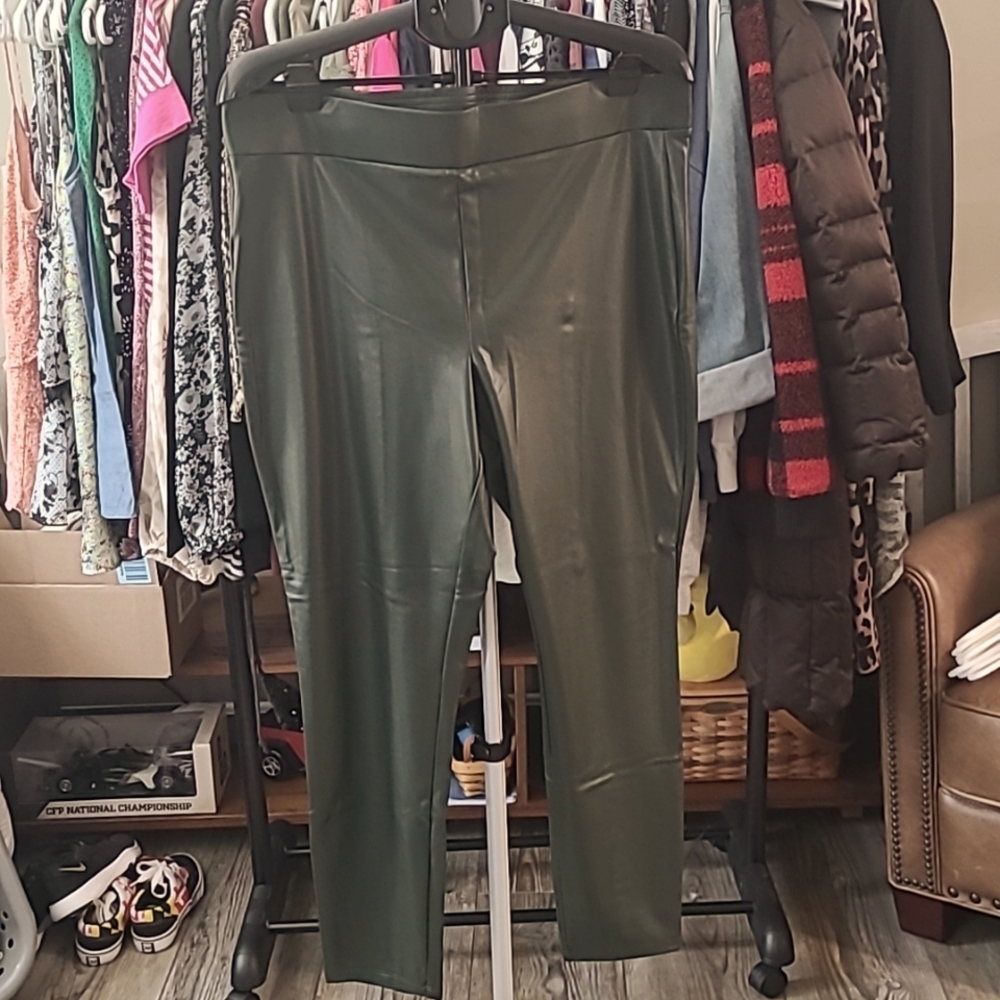 Loft Vegan Leather Dark Green Pants, NWT